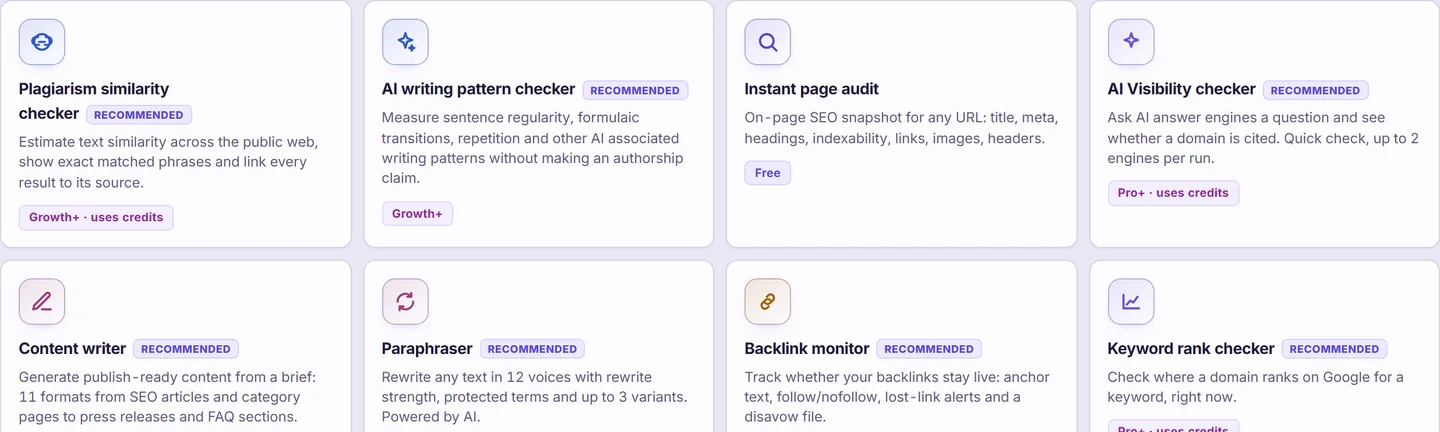 SEO Toolkit catalog showing focused tools for similarity checks, page audits, AI visibility, content, and rank checks.